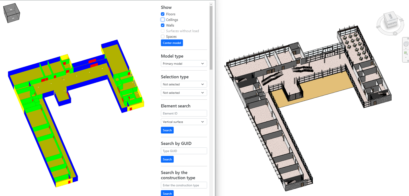Klassifiziertes gbXML-Modell in gbXML Studio neben dem Revit/IFC-Ausgangsmodell