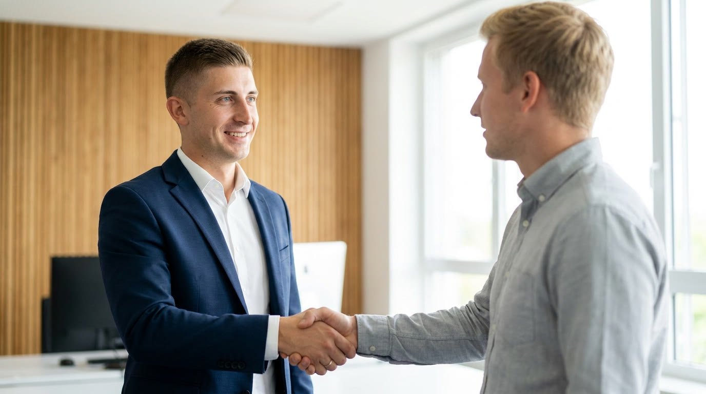 Daniel Glober begrüßt einen Geschäftspartner per Handschlag